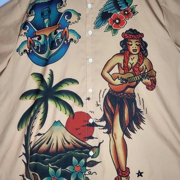 Hawalili Mens 2XL Tan Tattoo Print Hula Girl Short Sleeve Button Up Shirt - Picture 3 of 9
